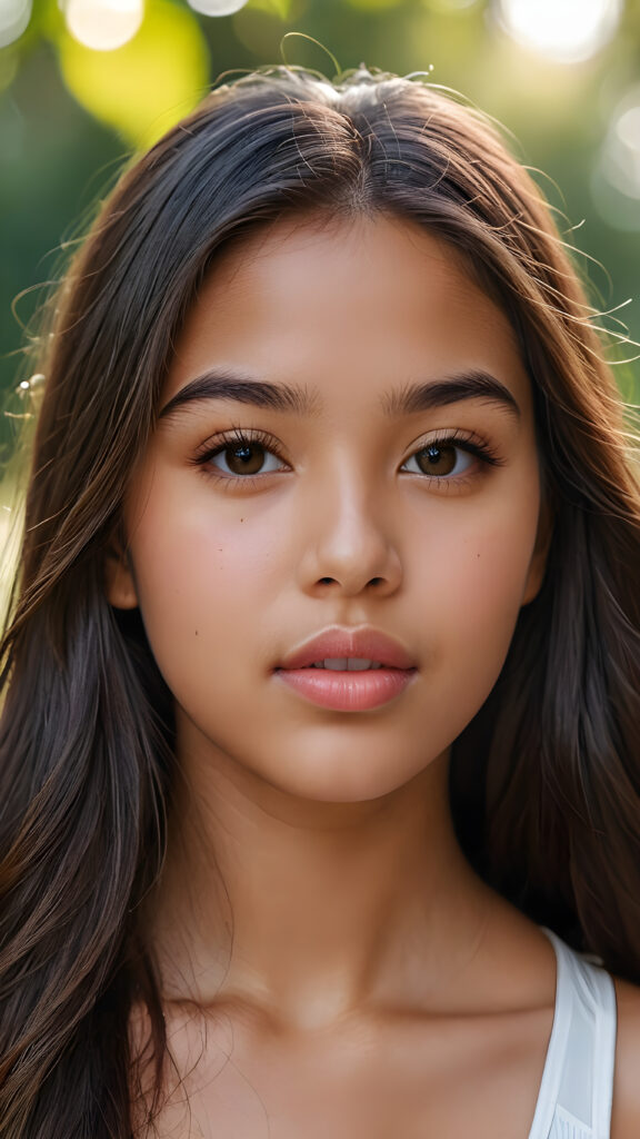 a young Latino teen girl ((stunning)) ((gorgeous)) ((detailed close-up portrait)) ((straight long soft hair)) ((full kissable lips))