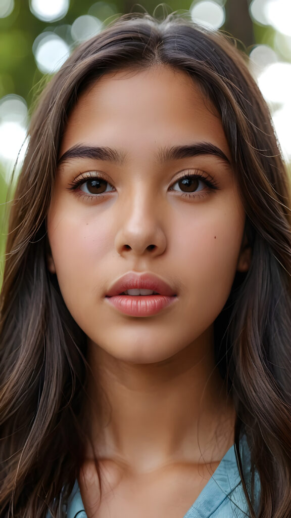 a young Latino teen girl ((stunning)) ((gorgeous)) ((detailed close-up portrait)) ((straight long soft hair)) ((full kissable lips))