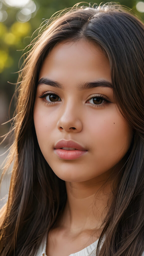 a young Latino teen girl ((stunning)) ((gorgeous)) ((detailed close-up portrait)) ((straight long soft hair)) ((full kissable lips))