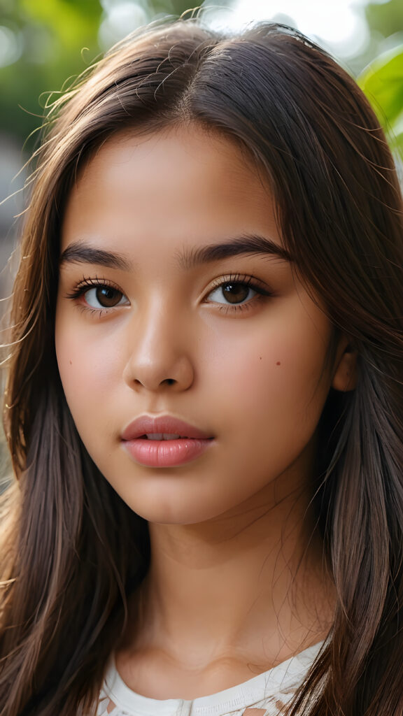 a young Latino teen girl ((stunning)) ((gorgeous)) ((detailed close-up portrait)) ((straight long soft hair)) ((full kissable lips))