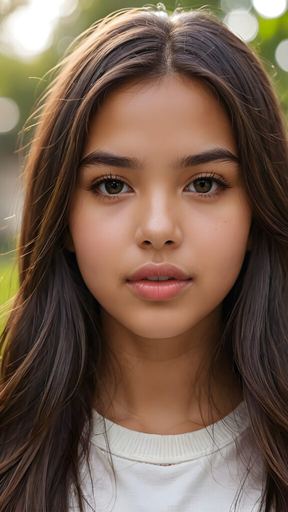 a young Latino teen girl ((stunning)) ((gorgeous)) ((detailed close-up portrait)) ((straight long soft hair)) ((full kissable lips))