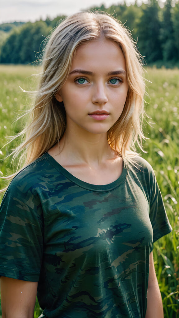 a young Ukrainian girl, plain t-shirt in camouflage, straight flowing light blonde soft detailed hair, blue eyes, looks sadly at the viewer, ((perfect detailed and ultra realistic photo)), she stand in a green meadow