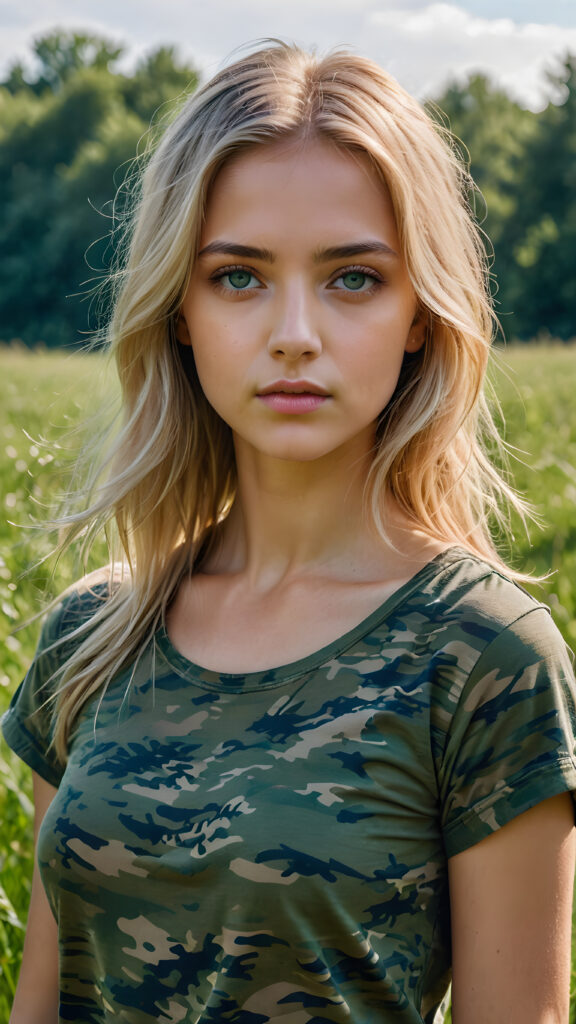 a young Ukrainian girl, plain t-shirt in camouflage, straight flowing light blonde soft detailed hair, blue eyes, looks sadly at the viewer, ((perfect detailed and ultra realistic photo)), she stand in a green meadow