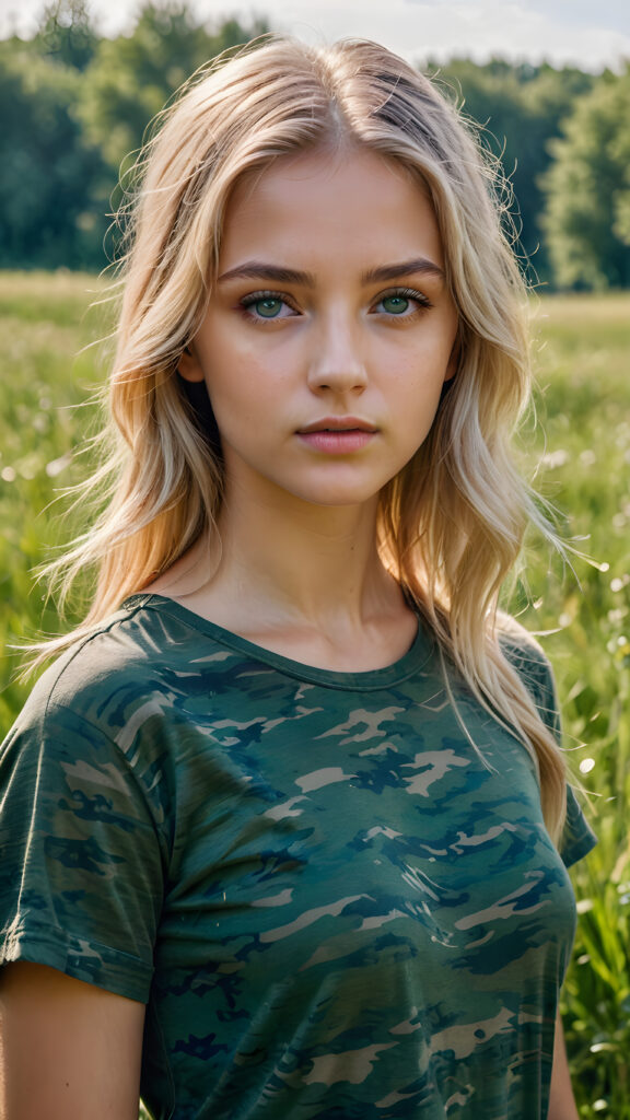 a young Ukrainian girl, plain t-shirt in camouflage, straight flowing light blonde soft detailed hair, blue eyes, looks sadly at the viewer, ((perfect detailed and ultra realistic photo)), she stand in a green meadow