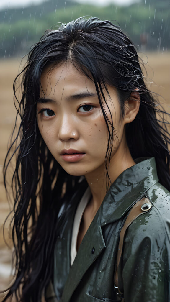 a young abandoned, sad, lonely, poor Korean teen girl in the 1951s, looks sadly at the viewer, she has disheveled long wet hair. She is hopeless. She is poor and scantily dressed, alone in a battle field. She cries. She has a dirty face. It’s raining lightly. She is skinny. ((realistic, detailed photo)), view from the side