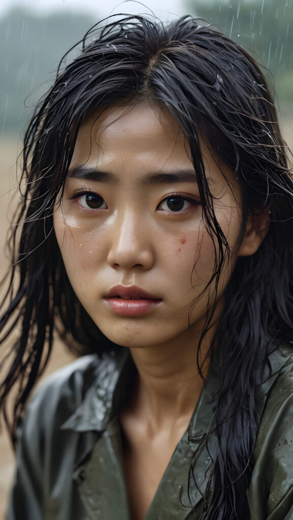 a young abandoned, sad, lonely, poor Korean teen girl in the 1951s, looks sadly at the viewer, she has disheveled long wet hair. She is hopeless. She is poor and scantily dressed, alone in a battle field. She cries. She has a dirty face. It’s raining lightly. She is skinny. ((realistic, detailed photo)), view from the side