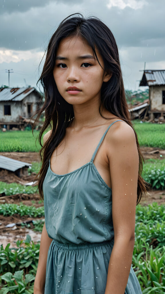 a young abandoned, sad, lonely, poor Vietnamese teen girl looks sadly at the viewer. She has disheveled long hair. She is hopeless. She is poor and scantily dressed. Stands alone in a field. She cries. She has a dirty face. It’s raining lightly. She is skinny. There are destroyed houses in the background, ((realistic, detailed photo)), 1960s Style