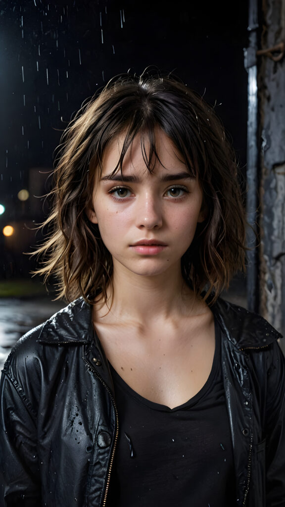 a young abandoned, sad, lonely, poor teen girl looks sadly at the viewer. She has disheveled shoulder-length messy hair, bangs that are parted to the side. She is hopeless. She is poor and scantily dressed in black. Stands alone. She cries. She has a dirty face. It’s raining lightly. She is skinny, ((realistic, detailed photo)) ((black background))