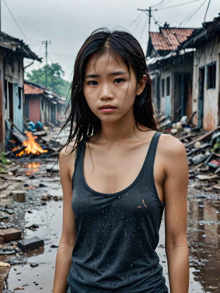 a young abandoned, sad, lonely, poor Vietnamese petite teen girl looks sadly at the viewer. She has disheveled long hair. She is hopeless. She is poor, thin and scantily dressed in a tattered tank top, stands alone. She cries. She has a dirty face. It's raining lightly. She is skinny. There are (destroyed and burning houses) in the background, ((realistic, detailed photo))