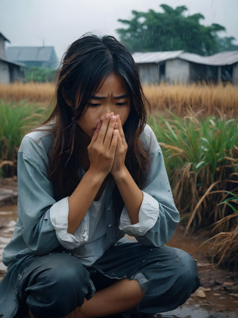 a young abandoned, sad, lonely, poor Korean teen girl looks sadly at the viewer. Crouches on the ground and covers his face with his hands. She has disheveled long hair. She is hopeless. She is poor and scantily dressed, alone in a battle field. She cries. She has a dirty face. It’s raining lightly. She is skinny. There are destroyed houses in the background, ((realistic, detailed photo)), view from the front