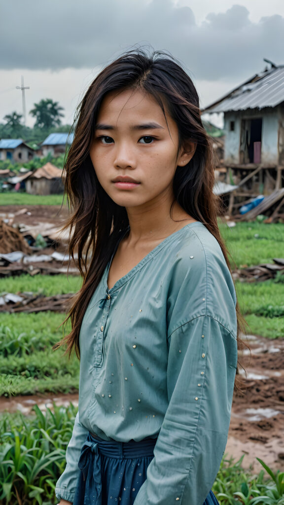 a young abandoned, sad, lonely, poor Vietnamese teen girl looks sadly at the viewer. She has disheveled long hair. She is hopeless. She is poor and scantily tattered dressed. Stands alone in a field. She cries. She has a dirty face. It's raining lightly. She is skinny. There are destroyed houses in the background, ((realistic, detailed photo))