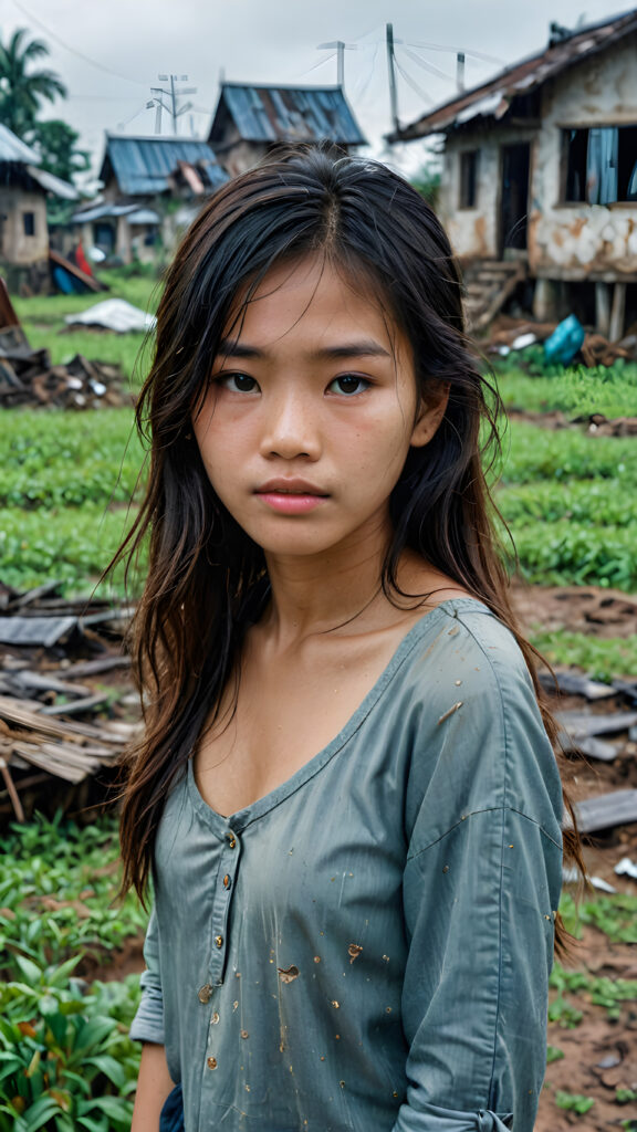 a young abandoned, sad, lonely, poor Vietnamese teen girl looks sadly at the viewer. She has disheveled long hair. She is hopeless. She is poor and scantily tattered dressed. Stands alone in a field. She cries. She has a dirty face. It's raining lightly. She is skinny. There are destroyed houses in the background, ((realistic, detailed photo))