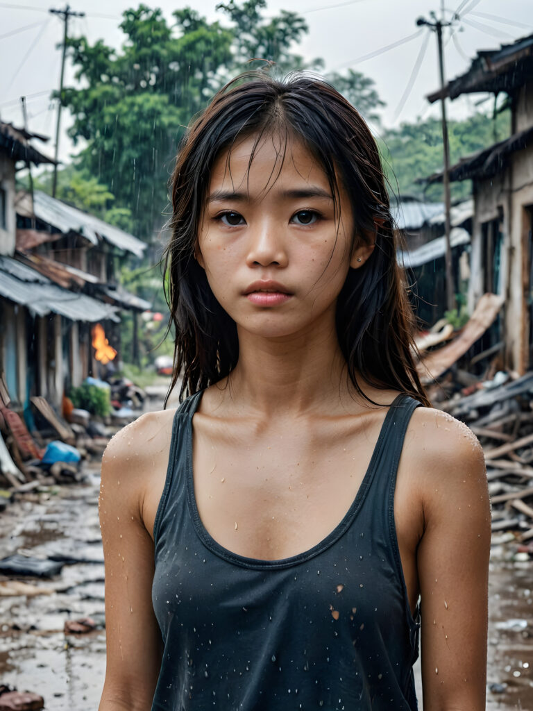 a young abandoned, sad, lonely, poor Vietnamese petite teen girl looks sadly at the viewer. She has disheveled long hair. She is hopeless. She is poor, thin and scantily dressed in a tattered tank top, stands alone. She cries. She has a dirty face. It's raining lightly. She is skinny. There are (destroyed and burning houses) in the background, ((realistic, detailed photo))