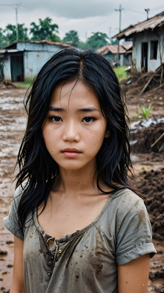 a young abandoned, sad, lonely, poor Vietnamese teen girl looks sadly at the viewer. She has disheveled long hair. She is hopeless. She is poor and scantily dressed. Stands alone in a field. She cries. She has a dirty face. It’s raining lightly. She is skinny. There are destroyed houses in the background, ((realistic, detailed photo)), 1960s Style