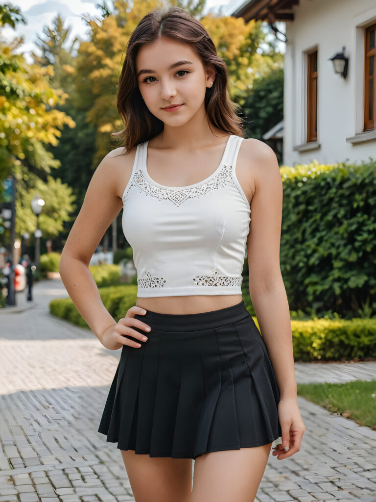 a young and cute teen girl in white short cropped tank top and black mini skirt, posing for the camera ((stunning)) ((gorgeous)) ((detailed)) ((perfect curved body)) ((natural spring green backdrop))