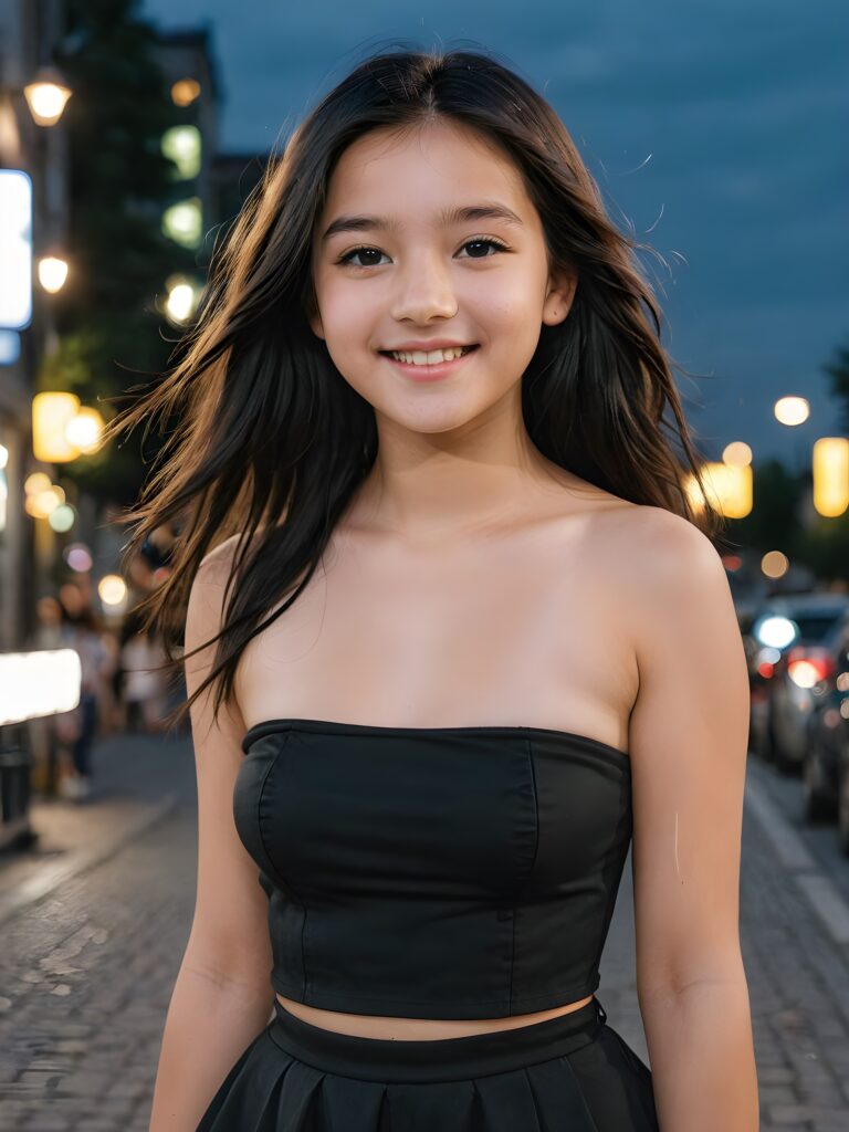 a young and cute teen girl, 13 years old, dark long jet hair, smile, dark dressed in a thin cropped tube top that support her perfect fit and curvy body, in gotic style