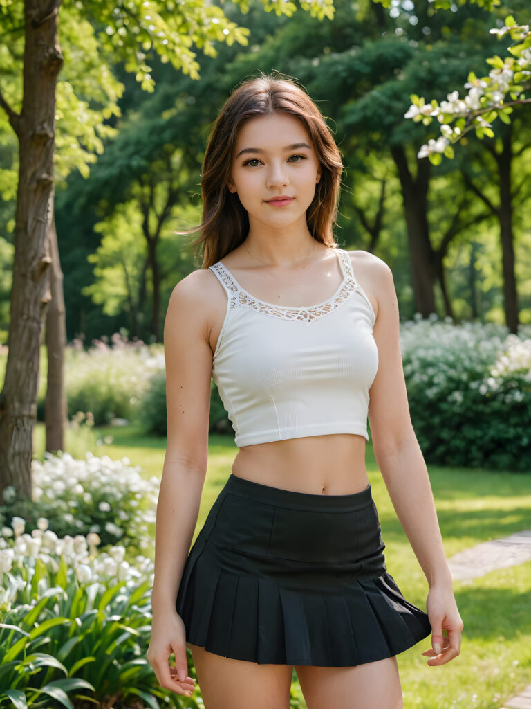 a young and cute teen girl in white short cropped tank top and black mini skirt, posing for the camera ((stunning)) ((gorgeous)) ((detailed)) ((perfect curved body)) ((natural spring green backdrop))