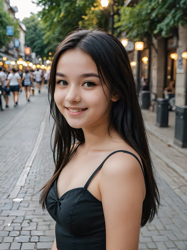 a young and cute teen girl, 13 years old, dark long jet hair, smile, dark dressed in a thin cropped tube top that support her perfect fit and curvy body, in gotic style