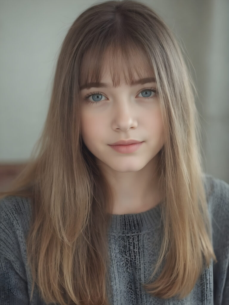 a young and gorgeous and stunning teen girl wears a fine grey sweater: perfecting the art of proportionality, with each body part meticulously crafted to its fullest extent, visualize a (((perfect straight very long jet light brown hair, with no fringes or bangs, cut to frame her face in a subtle yet sophisticated detail))) that complements the natural beauty of her features. The scene is advanced with intricate details like a ((fine wool cropped top)), ((insisting on the perfect symmetry and balance of its intricate details)), set against a (softly detailed, high-resolution backdrop) that showcases the advanced lighting technique of RTX On for a stunningly detailed, 8K cinematic portrait