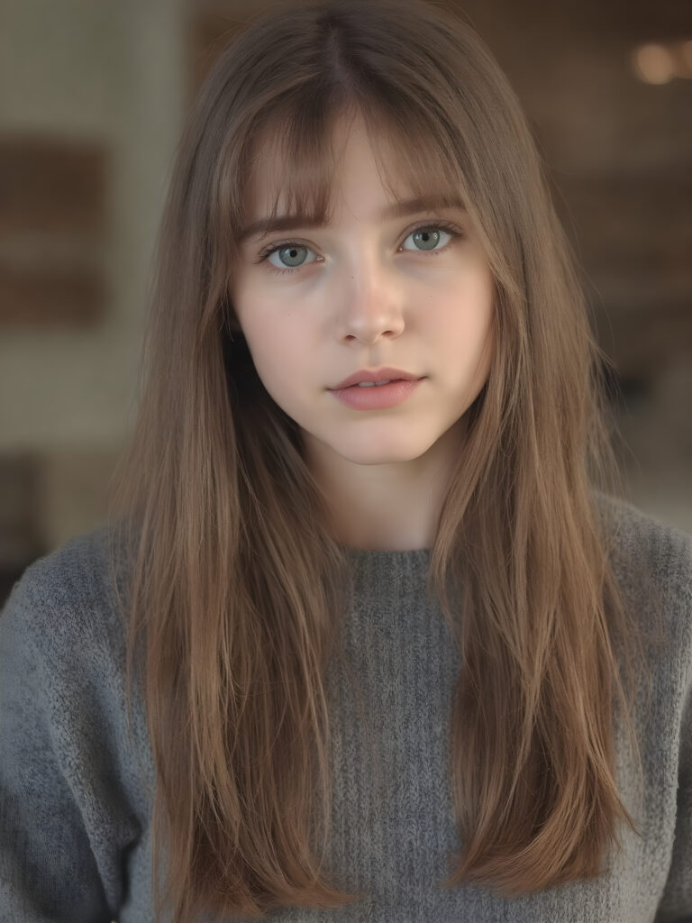 a young and gorgeous and stunning teen girl wears a fine grey sweater: perfecting the art of proportionality, with each body part meticulously crafted to its fullest extent, visualize a (((perfect straight very long jet light brown hair, with no fringes or bangs, cut to frame her face in a subtle yet sophisticated detail))) that complements the natural beauty of her features. The scene is advanced with intricate details like a ((fine wool cropped top)), ((insisting on the perfect symmetry and balance of its intricate details)), set against a (softly detailed, high-resolution backdrop) that showcases the advanced lighting technique of RTX On for a stunningly detailed, 8K cinematic portrait