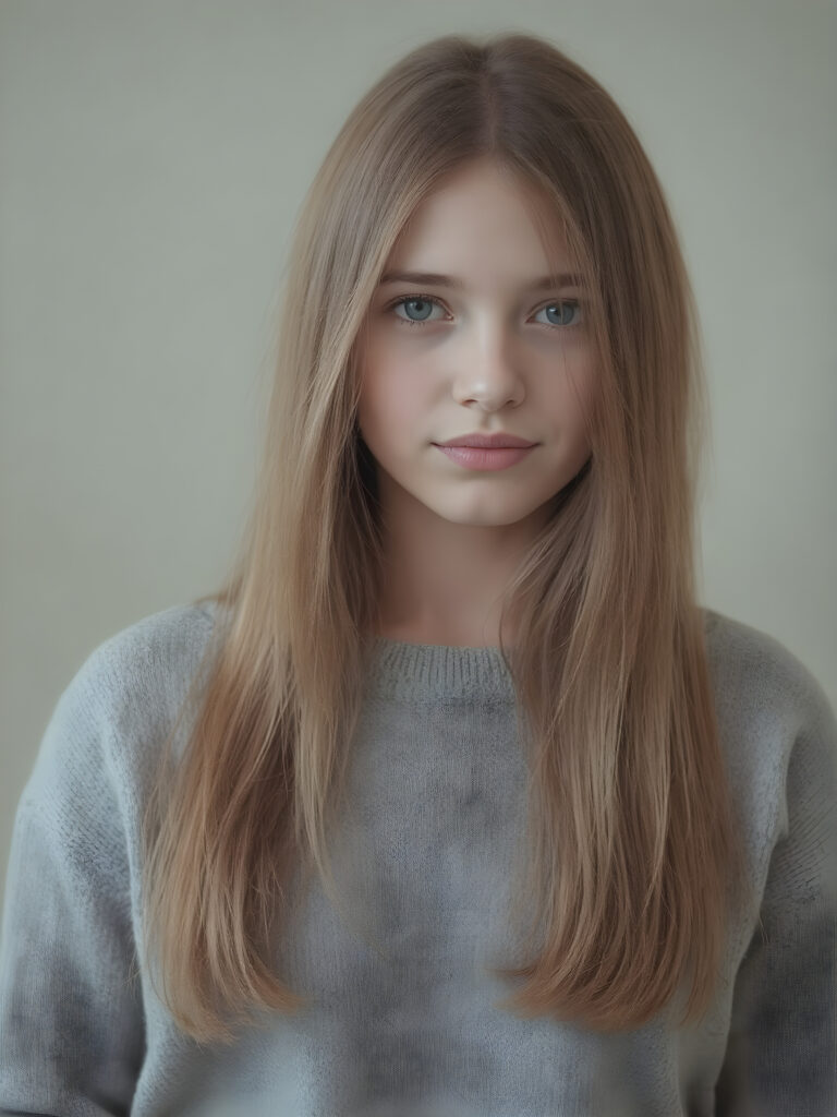 a young and gorgeous and stunning teen girl wears a fine grey sweater: perfecting the art of proportionality, with each body part meticulously crafted to its fullest extent, visualize a (((perfect straight very long jet light brown hair, with no fringes or bangs, cut to frame her face in a subtle yet sophisticated detail))) that complements the natural beauty of her features. The scene is advanced with intricate details like a ((fine wool cropped top)), ((insisting on the perfect symmetry and balance of its intricate details)), set against a (softly detailed, high-resolution backdrop) that showcases the advanced lighting technique of RTX On for a stunningly detailed, 8K cinematic portrait