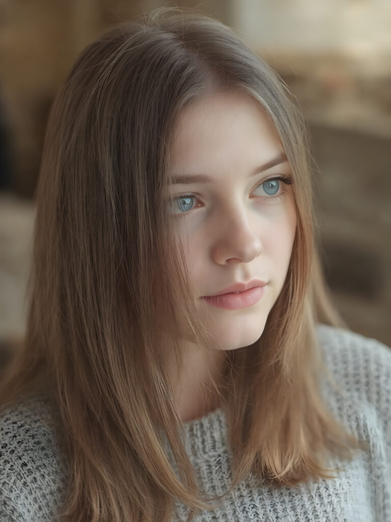 a young and gorgeous and stunning teen girl wears a fine grey sweater: perfecting the art of proportionality, with each body part meticulously crafted to its fullest extent, visualize a (((perfect straight very long jet light brown hair, with no fringes or bangs, cut to frame her face in a subtle yet sophisticated detail))) that complements the natural beauty of her features. The scene is advanced with intricate details like a ((fine wool cropped top)), ((insisting on the perfect symmetry and balance of its intricate details)), set against a (softly detailed, high-resolution backdrop) that showcases the advanced lighting technique of RTX On for a stunningly detailed, 8K cinematic portrait