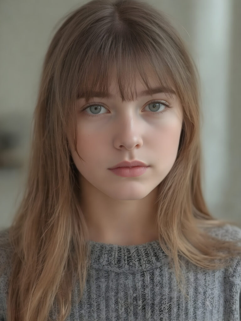 a young and gorgeous and stunning teen girl wears a fine grey sweater: perfecting the art of proportionality, with each body part meticulously crafted to its fullest extent, visualize a (((perfect straight very long jet light brown hair, with no fringes or bangs, cut to frame her face in a subtle yet sophisticated detail))) that complements the natural beauty of her features. The scene is advanced with intricate details like a ((fine wool cropped top)), ((insisting on the perfect symmetry and balance of its intricate details)), set against a (softly detailed, high-resolution backdrop) that showcases the advanced lighting technique of RTX On for a stunningly detailed, 8K cinematic portrait