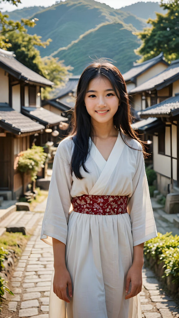 a (((young, beautiful Japanese peasant teen girl))), long straight soft black hair, dressed in a simple, flowing dress, smile confidently as she stands amidst a vast (((traditional village))), her surroundings bathed in a serene, sunny glow