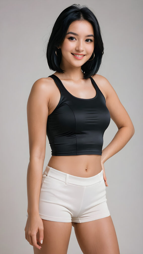 a (((young, beautiful girl))), with luxuriously shiny (((black hair))), dressed in a sleek, ((tight crop top, short pants)) that showcases her flawless figure and contours, exuding confidence and a playful grin towards the camera, against a (distinctly empty) backdrop