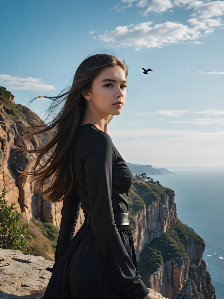 a (((young, beautiful teen girl))), dressed in sleek, ((black clothes)), standing confidently on a (ominous, dark cliff), with her luxurious, (full hair) flowing gently in the wind around her, reflecting the (serene, distant landscape) below. Her features are (exquisite), as if captured by a master artist, and her figure is (flawless). Distant birds dot the (clear, blue sky) above, adding a touch of serendipity to this (powerful moment).