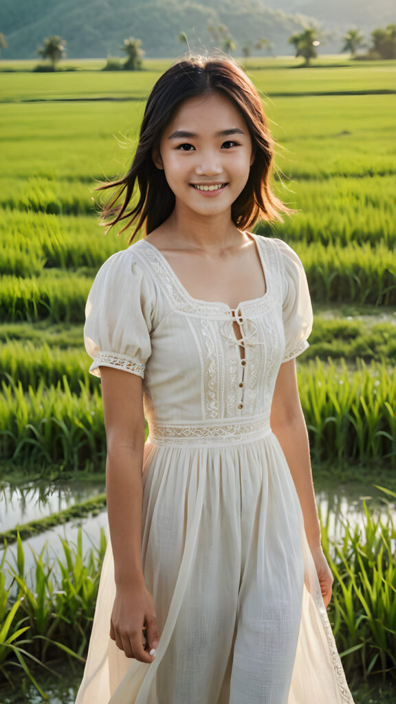 a (((young, beautiful Asian peasant teen girl))), dressed in a simple, flowing dress, smile confidently as she stands amidst a vast (((rice paddy))), her surroundings bathed in a serene, sunny glow