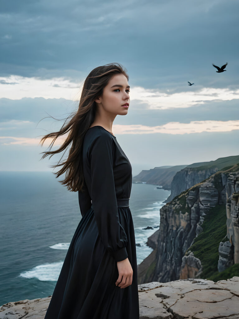 a (((young, beautiful teen girl))), dressed in sleek, ((black clothes)), standing confidently on a (ominous, dark cliff), with her luxurious, (full hair) flowing gently in the wind around her, reflecting the (serene, distant landscape) below. Her features are (exquisite), as if captured by a master artist, and her figure is (flawless). Distant birds dot the (clear, blue sky) above, adding a touch of serendipity to this (powerful moment).