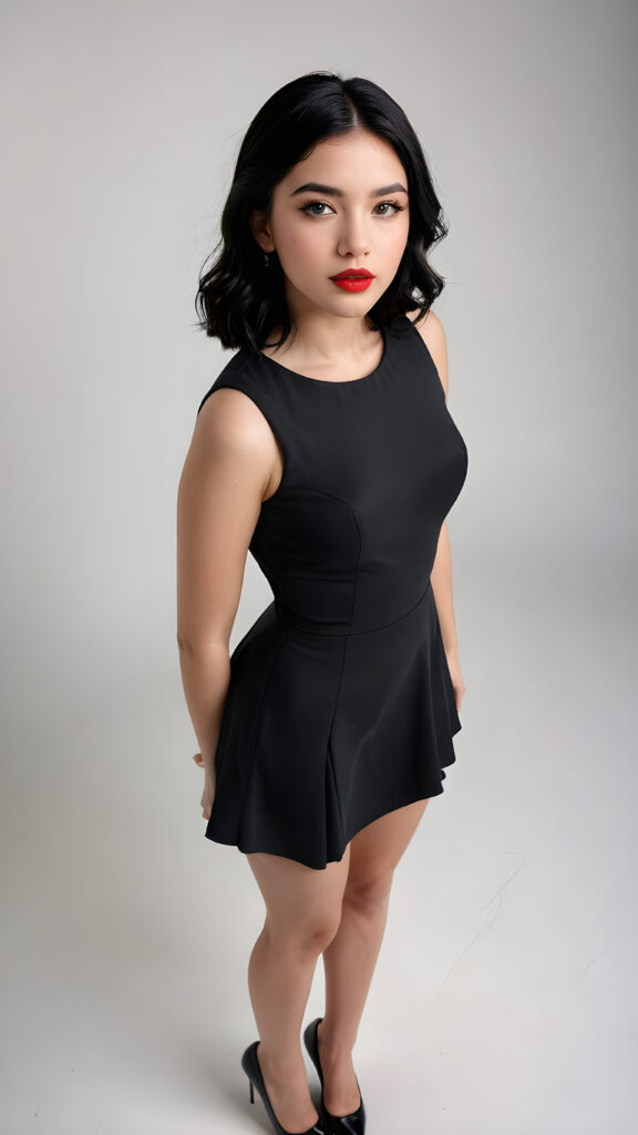 a young, beautiful teen girl with black hair, full, round red lips and black eyes, thin dressed in black, view from above, ((realistic detailed) (full body view), perfect curved body, realistic an detailed photo, ((empty background))