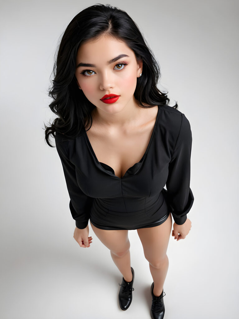 a young, beautiful teen girl with black hair, full, round red lips and black eyes, thin dressed in black, view from above, ((realistic detailed) (full body view), perfect curved body, realistic an detailed photo, ((empty background))