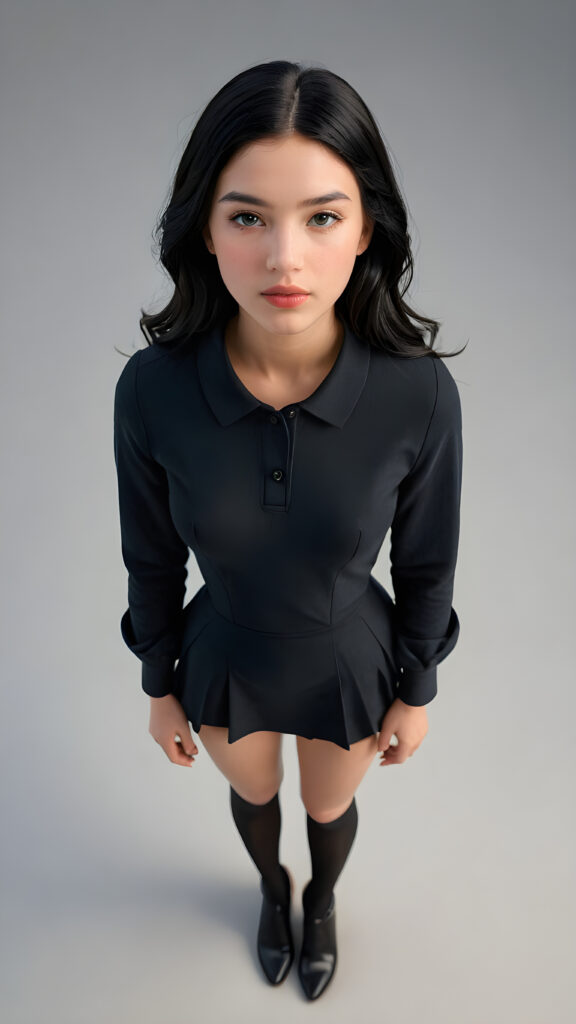 a young, beautiful teen girl with black hair, full, round lips and black eyes, thin dressed in black, view from above, ((realistic detailed) (full body view), perfect curved body, realistic an detailed photo, ((empty background))