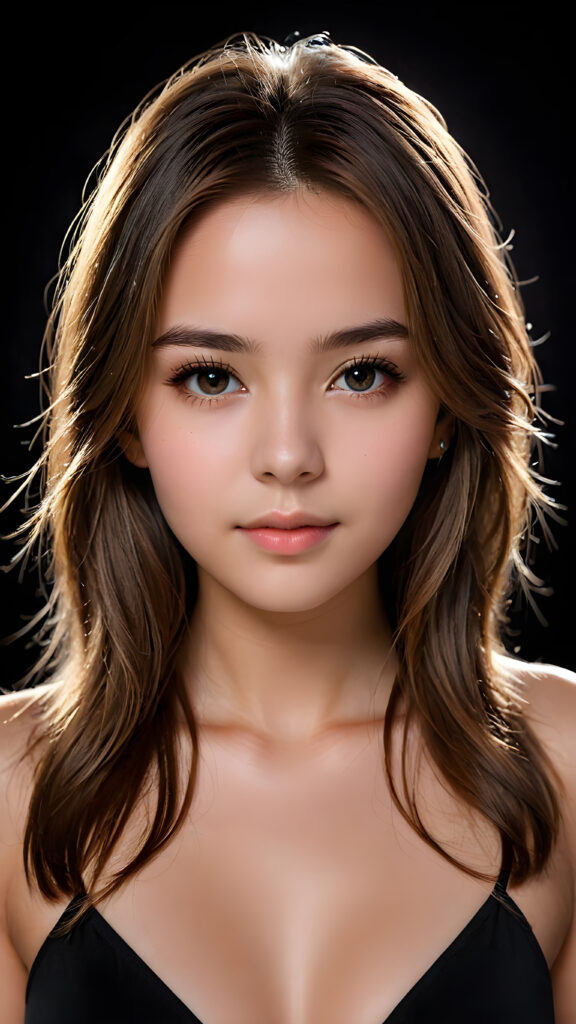 a young, beautiful girl, 19 years old, straight long jet light brown hair, seductive look, angelic face, real-life features, detailed hair, realistic eyes, beautiful, with delicate facial muscles, sharp focus, high-contrast lighting, in an all-black background, surrounded by darkness, illuminated only by weak light falling from the side.