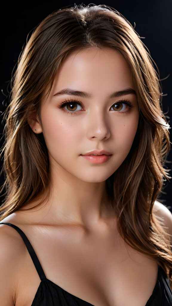 a young, beautiful girl, 19 years old, straight long jet light brown hair, seductive look, angelic face, real-life features, detailed hair, realistic eyes, beautiful, with delicate facial muscles, sharp focus, high-contrast lighting, in an all-black background, surrounded by darkness, illuminated only by weak light falling from the side.