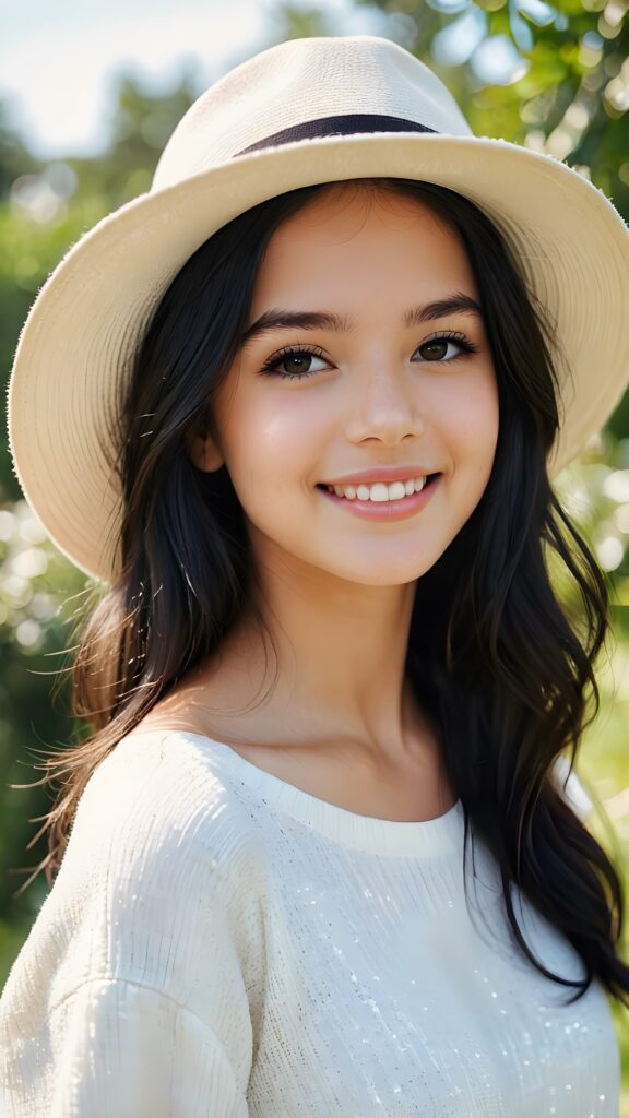 a young, beautiful teen girl. She has black, full, shiny hair. She is wearing a white hat. Her white, flawless skin shimmers slightly. Full lips. Perfect body. She smiles. ((detailed perfect photo)) ((stunning)) ((gorgeous)) ((cute))