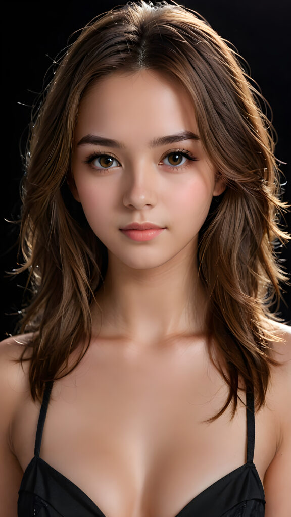 a young, beautiful girl, 19 years old, straight long jet light brown hair, seductive look, angelic face, real-life features, detailed hair, realistic eyes, beautiful, with delicate facial muscles, sharp focus, high-contrast lighting, in an all-black background, surrounded by darkness, illuminated only by weak light falling from the side.