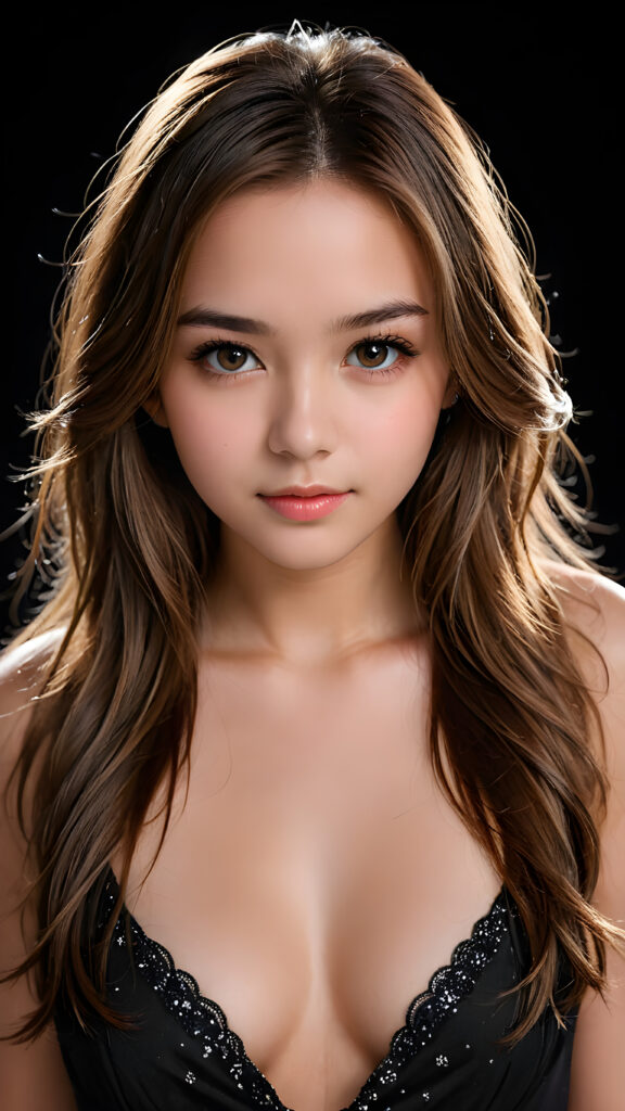 a young, beautiful girl, 19 years old, straight long jet light brown hair, seductive look, angelic face, real-life features, detailed hair, realistic eyes, beautiful, with delicate facial muscles, sharp focus, high-contrast lighting, in an all-black background, surrounded by darkness, illuminated only by weak light falling from the side.