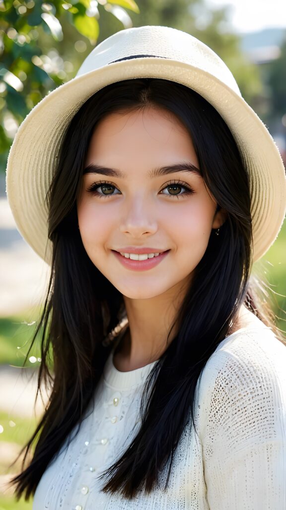 a young, beautiful teen girl. She has black, full, shiny hair. She is wearing a white hat. Her white, flawless skin shimmers slightly. Full lips. Perfect body. She smiles. ((detailed perfect photo)) ((stunning)) ((gorgeous)) ((cute))