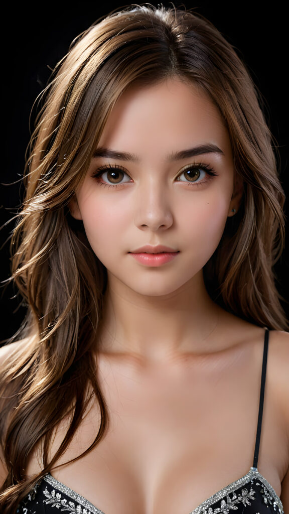 a young, beautiful girl, 19 years old, straight long jet light brown hair, seductive look, angelic face, real-life features, detailed hair, realistic eyes, beautiful, with delicate facial muscles, sharp focus, high-contrast lighting, in an all-black background, surrounded by darkness, illuminated only by weak light falling from the side.