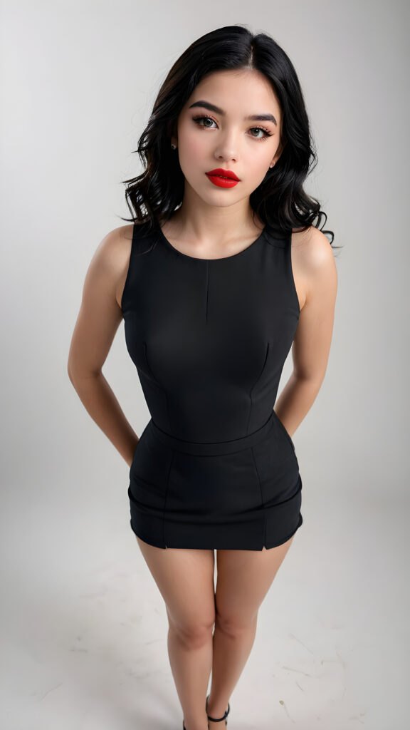 a young, beautiful teen girl with black hair, full, round red lips and black eyes, thin dressed in black, view from above, ((realistic detailed) (full body view), perfect curved body, realistic an detailed photo, ((empty background))