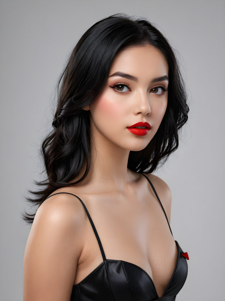 a young, beautiful teen girl with black hair, full, round red lips and black eyes, thin dressed in black, view from above, ((realistic detailed) (full body view), perfect curved body, realistic an detailed photo, ((empty background))