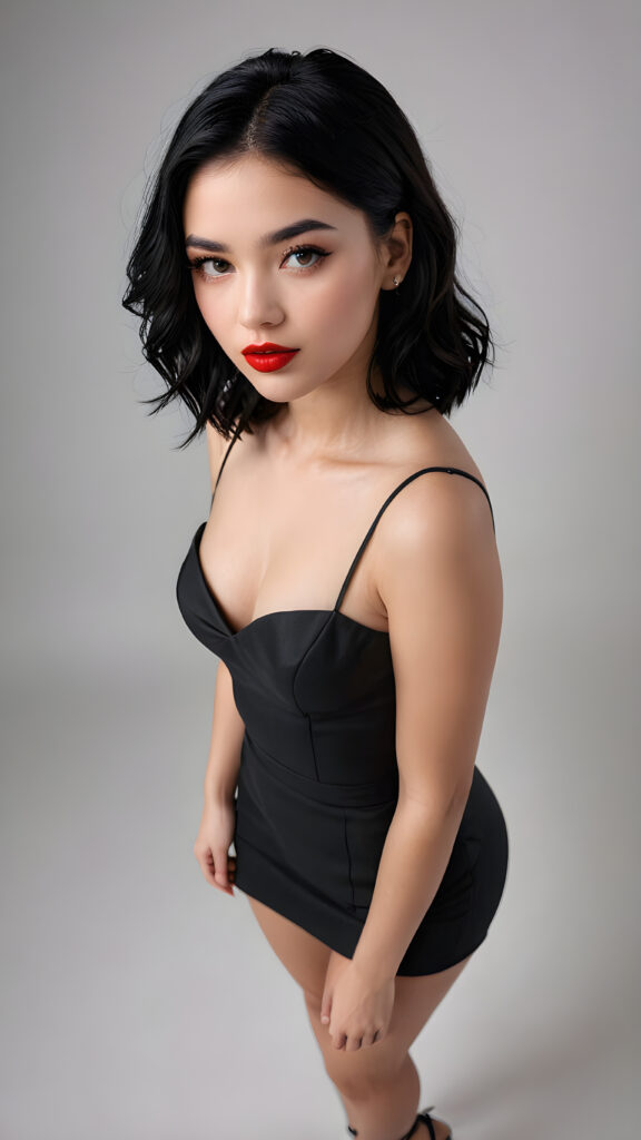 a young, beautiful teen girl with black hair, full, round red lips and black eyes, thin dressed in black, view from above, ((realistic detailed) (full body view), perfect curved body, realistic an detailed photo, ((empty background))