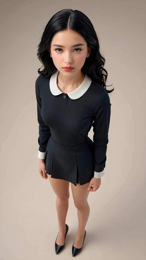 a young, beautiful teen girl with black hair, full, round lips and black eyes, thin dressed in black, view from above, ((realistic detailed) (full body view), perfect curved body, realistic an detailed photo, ((empty background))