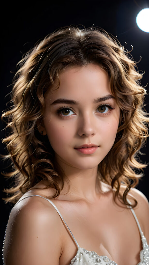 a young, beautiful girl, 19 years old, curly light brown hair, seductive look, angelic face, real-life features, detailed hair, realistic eyes, beautiful, with delicate facial muscles, sharp focus, high-contrast lighting, in an all-black background, surrounded by darkness, illuminated only by weak light falling from the side.