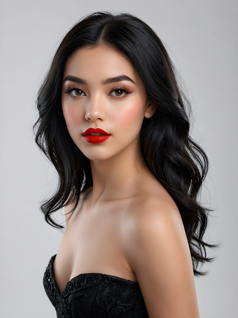 a young, beautiful teen girl with black hair, full, round red lips and black eyes, thin dressed in black, view from above, ((realistic detailed) (full body view), perfect curved body, realistic an detailed photo, ((empty background))