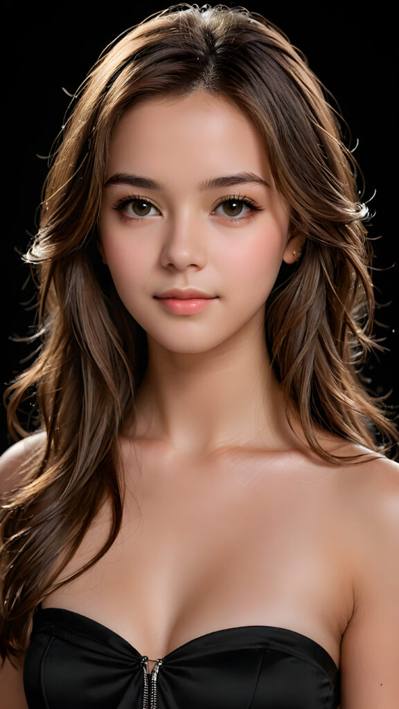 a young, beautiful girl, 19 years old, straight long jet light brown hair, seductive look, angelic face, real-life features, detailed hair, realistic eyes, beautiful, with delicate facial muscles, sharp focus, high-contrast lighting, in an all-black background, surrounded by darkness, illuminated only by weak light falling from the side.