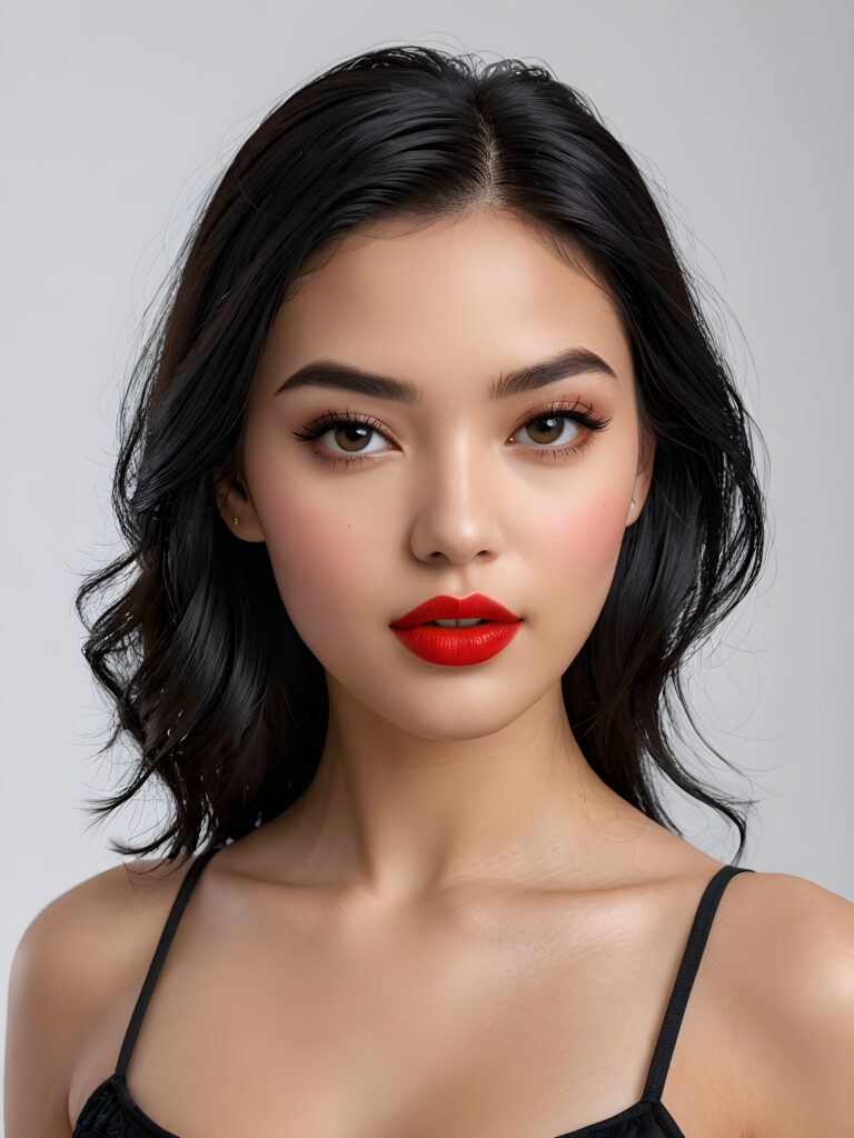 a young, beautiful teen girl with black hair, full, round red lips and black eyes, thin dressed in black, view from above, ((realistic detailed) (full body view), perfect curved body, realistic an detailed photo, ((empty background))